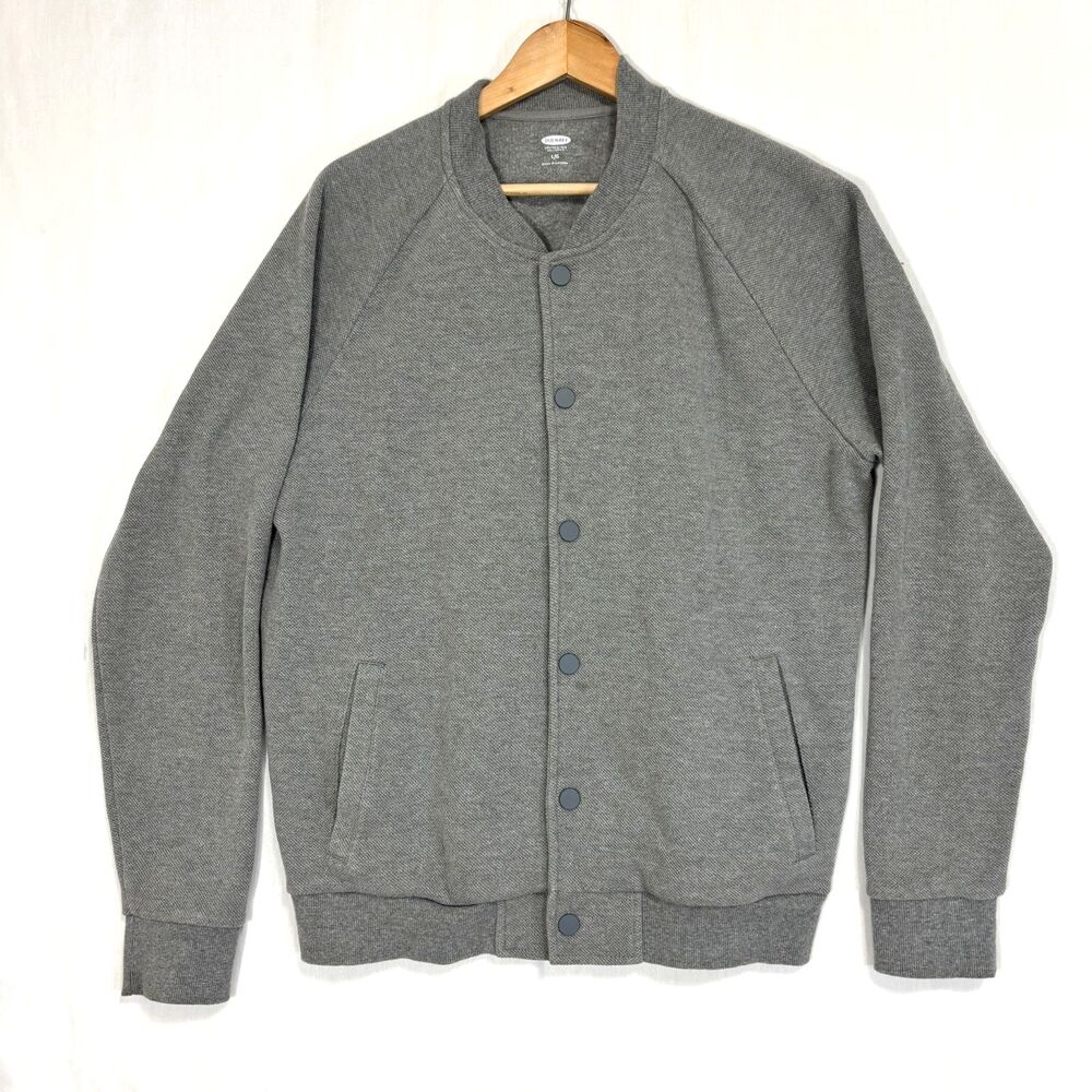 Men's Snap Up Varsity Bomber Sweatshirt Jacket Gray Sz Large Minimalist Classic